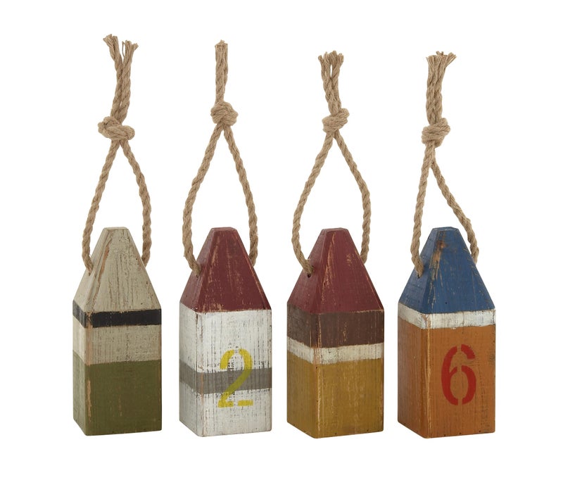 Deco 79 Wood Buoy Decorative Sculpture Home Decor Statues with Rope Accents, set of 4 Accent Figurines 4" x 4" x 10", Multi Colored - Image 1